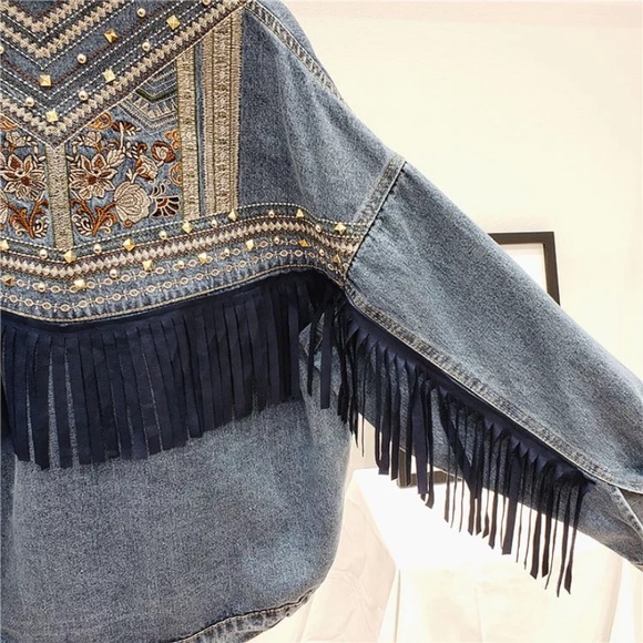SOLD OUT Oversized Denim Stud Fringe Embroidered Jacket - Picture 3 of 6